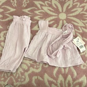 Grayson Mini Three-piece set with sleeveless top, high-rise pants, and headband.